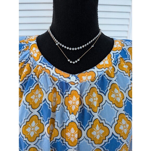 Ann Taylor Factory Blouse Womens L Blue Yellow Tile Floral Boho Hippie Top Tunic - Picture 2 of 12